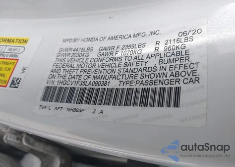 2020 Honda Accord Sport z USA, uszkodzony, nr VIN 1HGCV1F35LA090381